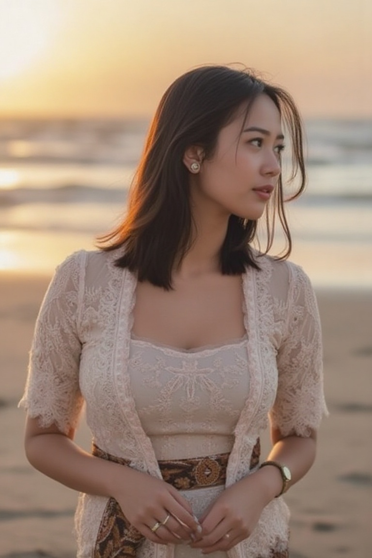 Photograph of a woman with sleek shoulder-length hair,  wearing a cream-colored kebaya. She stands on a sandy beach at sun...