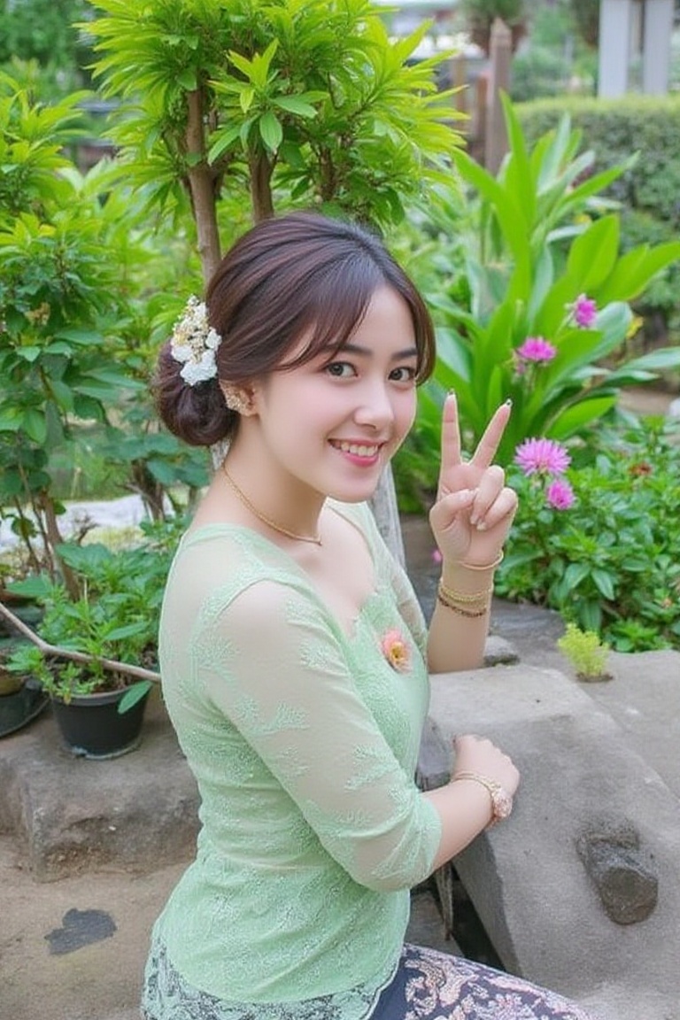 Photograph of a woman with short bobbed hair in a pastel green kebaya,  sitting on a stone bench in a botanical garden,  s...