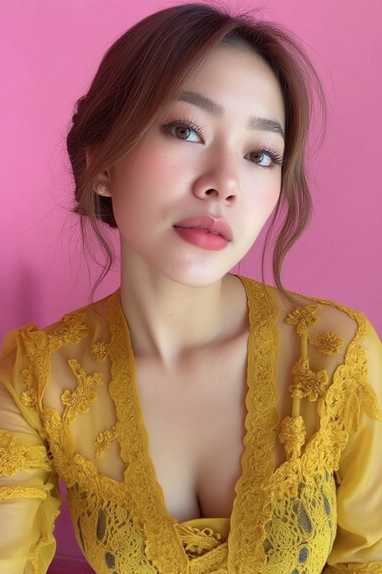 professional shot from top pov of beautiful long haired woman selfie wearing yellow kebaya in pink background on Tensor.Art