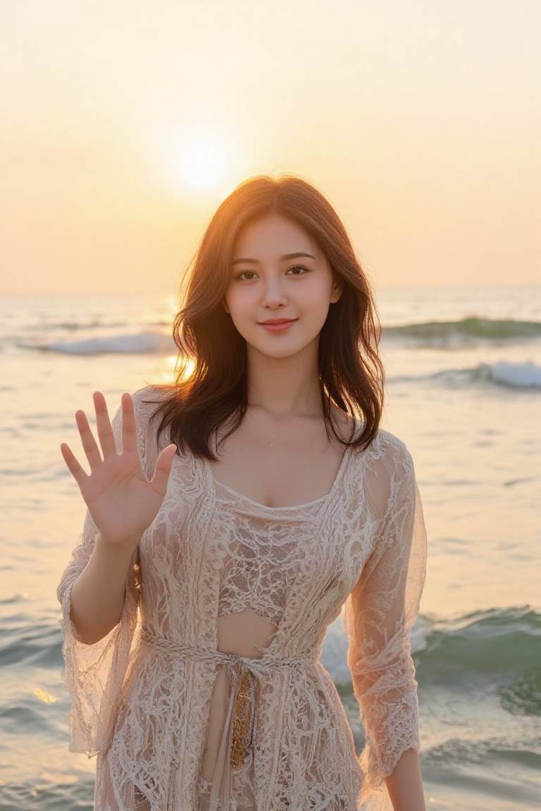 Photograph of a woman with wavy shoulder-length hair in a cream-colored kebaya,  standing by the sea at sunset,  waving wi...
