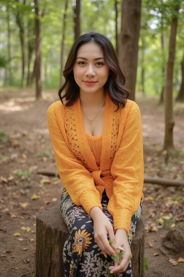 Photograph of a woman with shoulder-length,  wavy hair in a vibrant orange kebaya,  sitting on a tree stump in a forest cl...