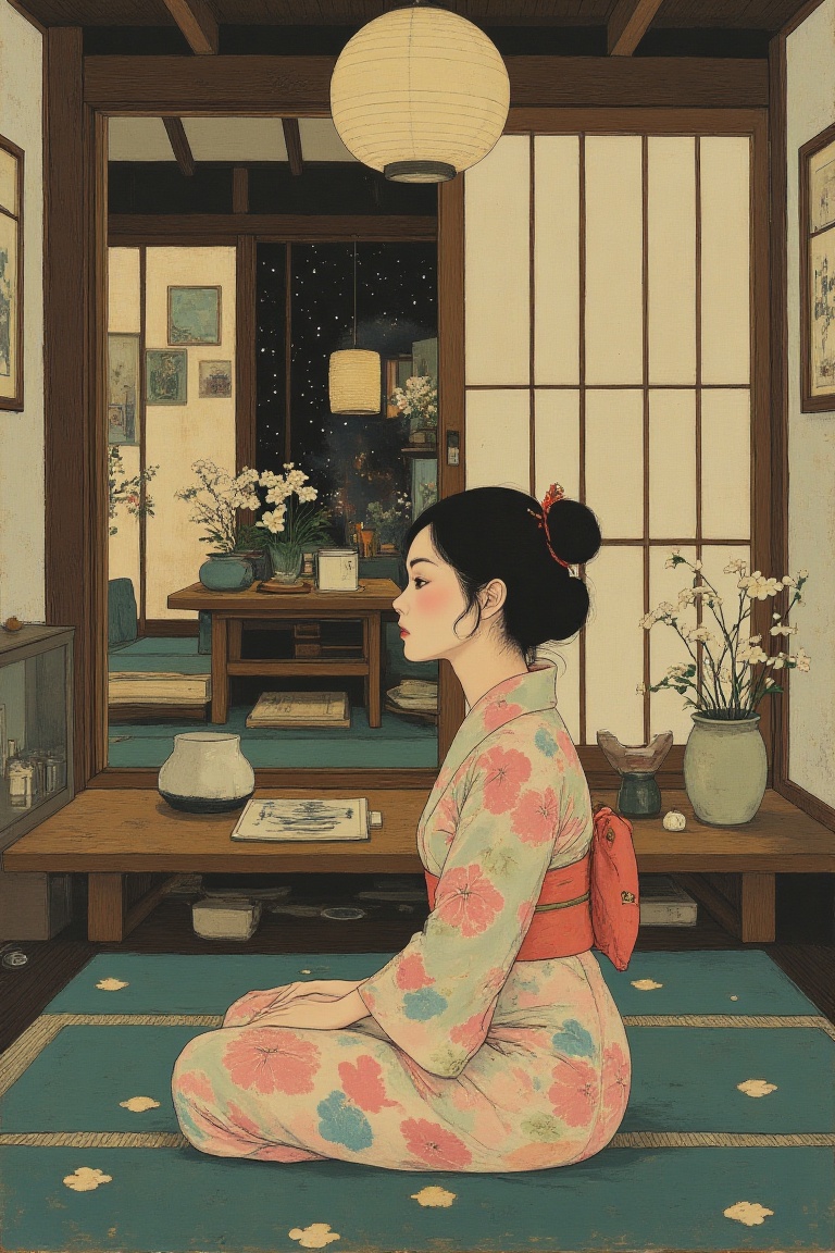 A vintage Japanese living room,  softly lit by paper lanterns,  with a woman in a traditional kimono sitting gracefully on...