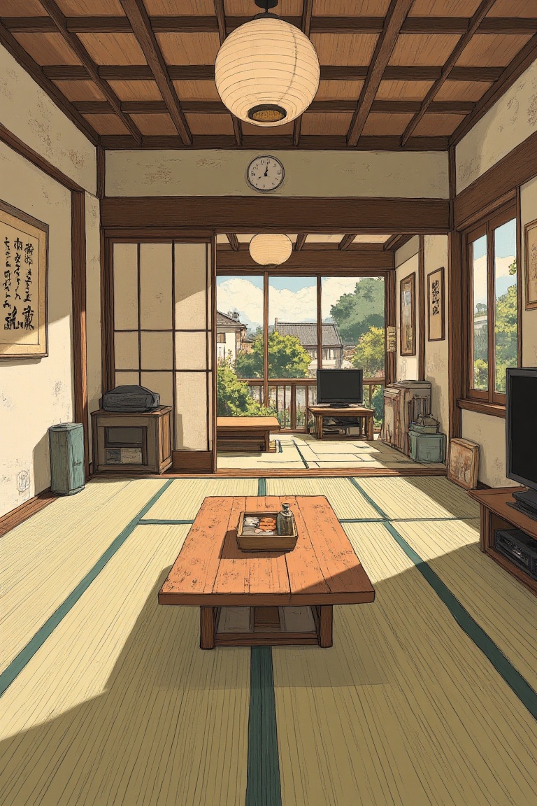 A cozy living room in the style of The Tatami Galaxy,  featuring a low,  minimalist aesthetic with tatami mats covering th...