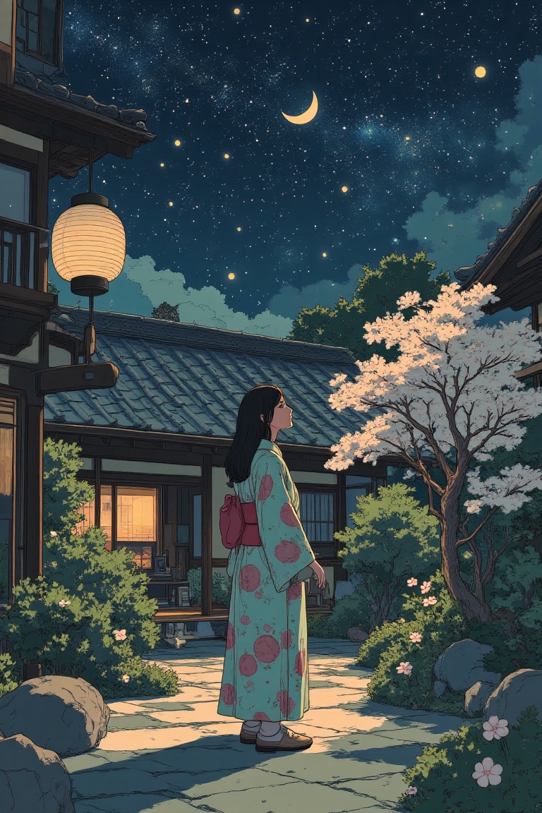 A woman stands in a tranquil Japanese garden at midnight,  gazing up at the starry sky. The scene is framed by traditional...