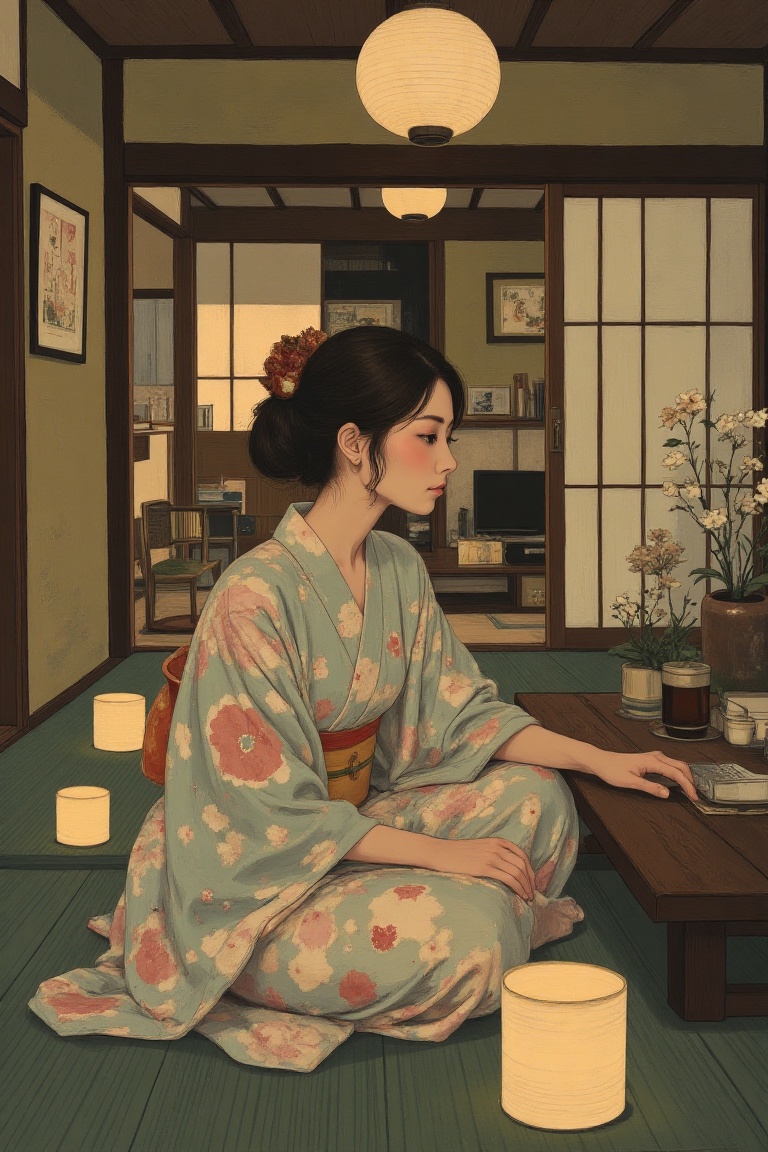 A woman in a vintage kimono sits on a tatami mat in a traditional Japanese living room,  her posture graceful and composed...