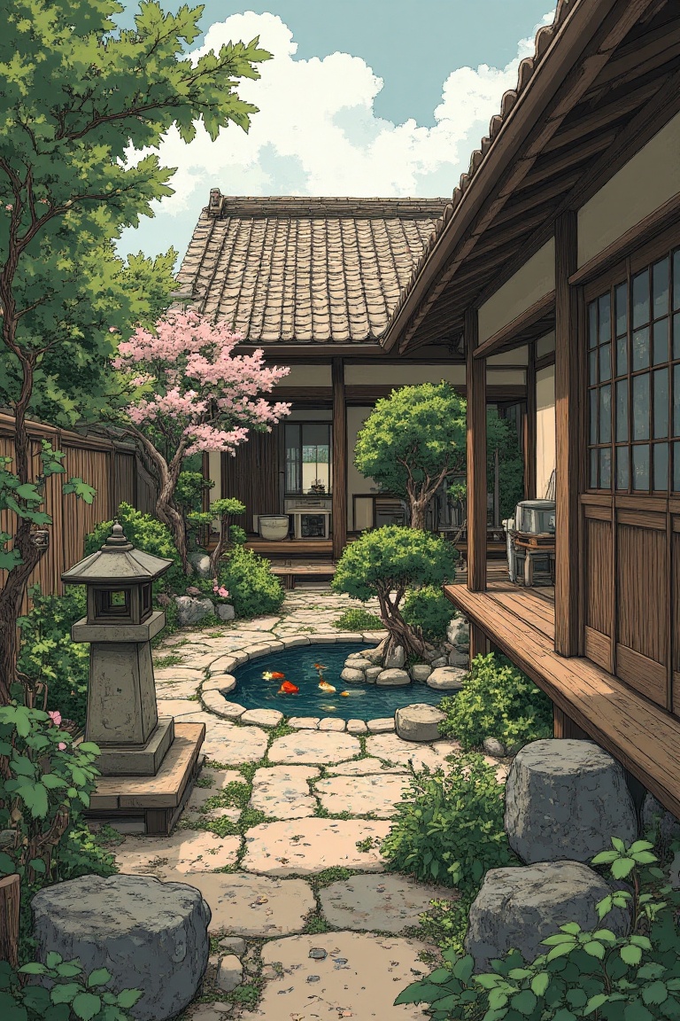 An outside yard in the style of The Tatami Galaxy,  framed by a traditional Japanese garden. The scene is bathed in soft,...