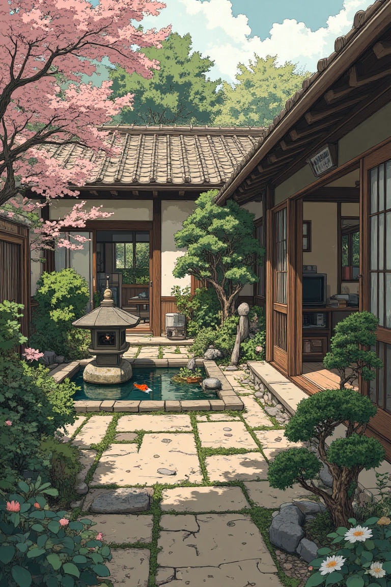 An outside yard in the style of The Tatami Galaxy,  framed by a traditional Japanese garden. The scene is bathed in soft,...