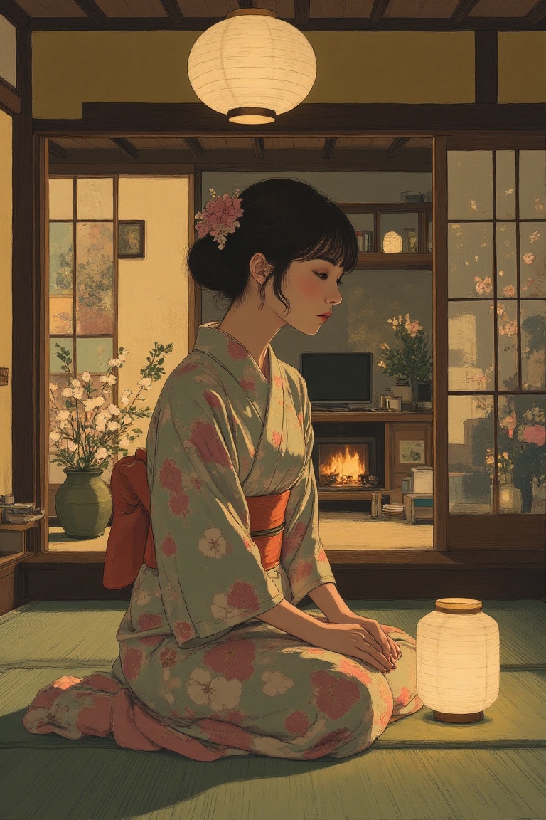 A woman in a vintage kimono sits on a tatami mat in a traditional Japanese living room,  her posture graceful and composed...