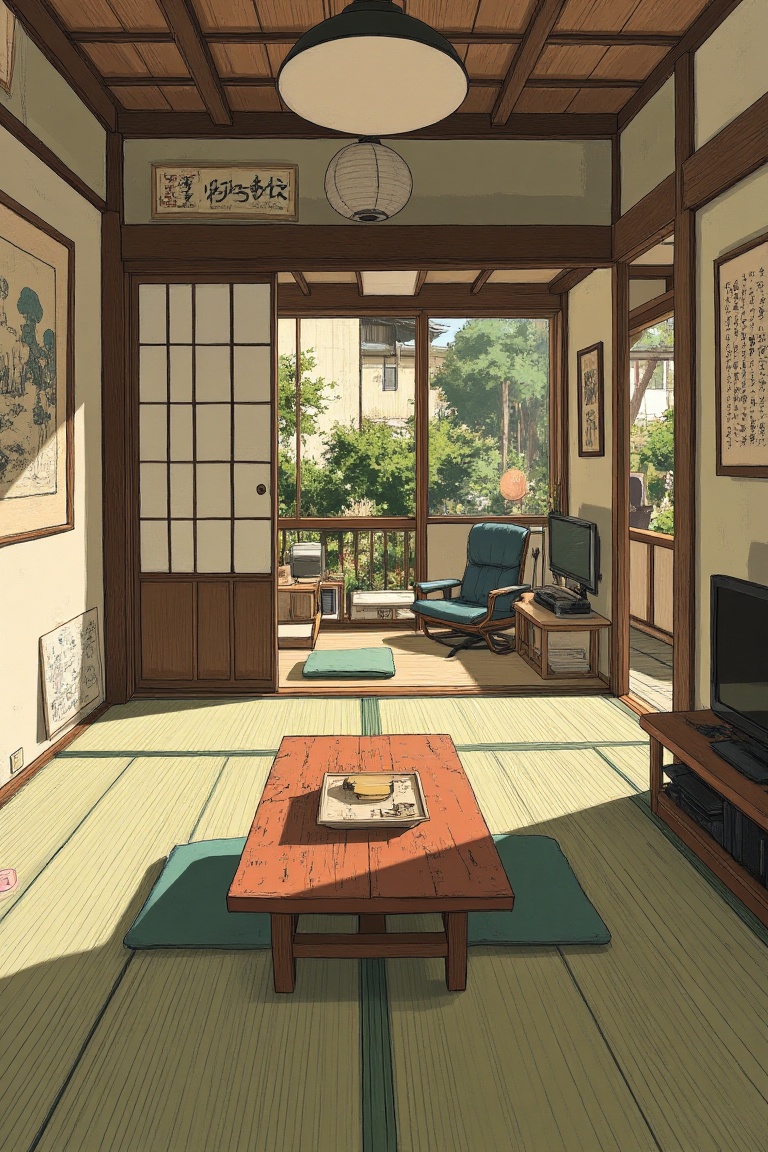 A cozy living room in the style of The Tatami Galaxy,  featuring a low,  minimalist aesthetic with tatami mats covering th...