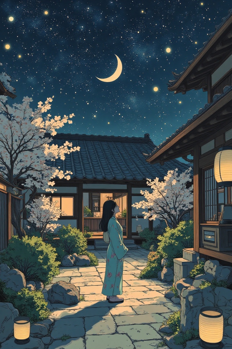 A woman stands in a tranquil Japanese garden at midnight,  gazing up at the starry sky. The scene is framed by traditional...