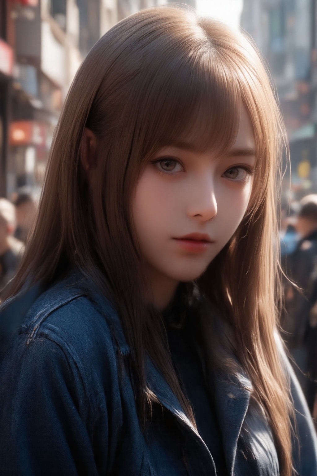 The image is a portrait of Dòu Bàn Jiàng a young woman with long,  straight hair and bangs. She is standing on a busy stre...