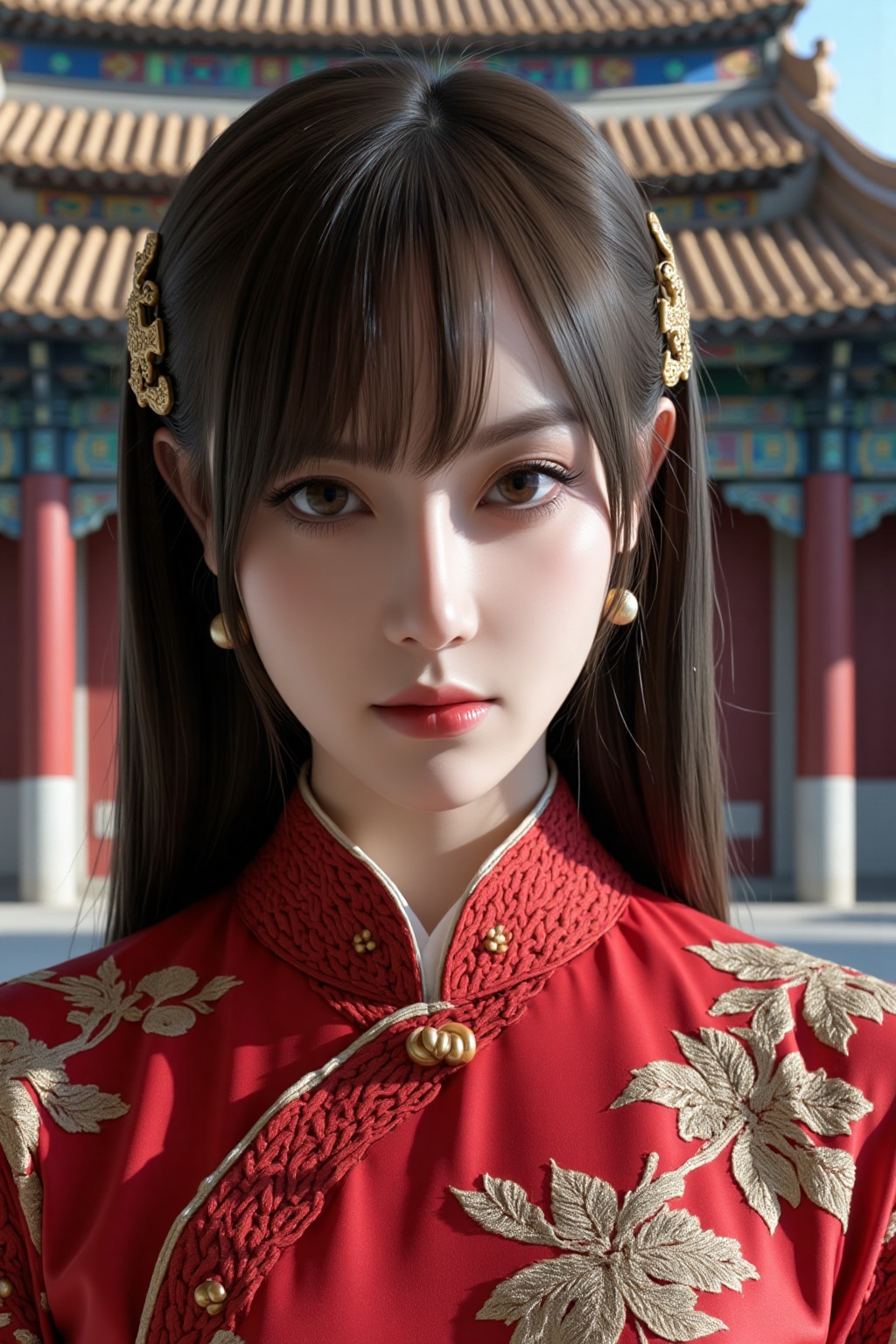 Super detailed,  super realistic,  beautiful Chinese girl Dòu Bàn Jiàng with long hair and blunt bangs. Wearing a body tig...