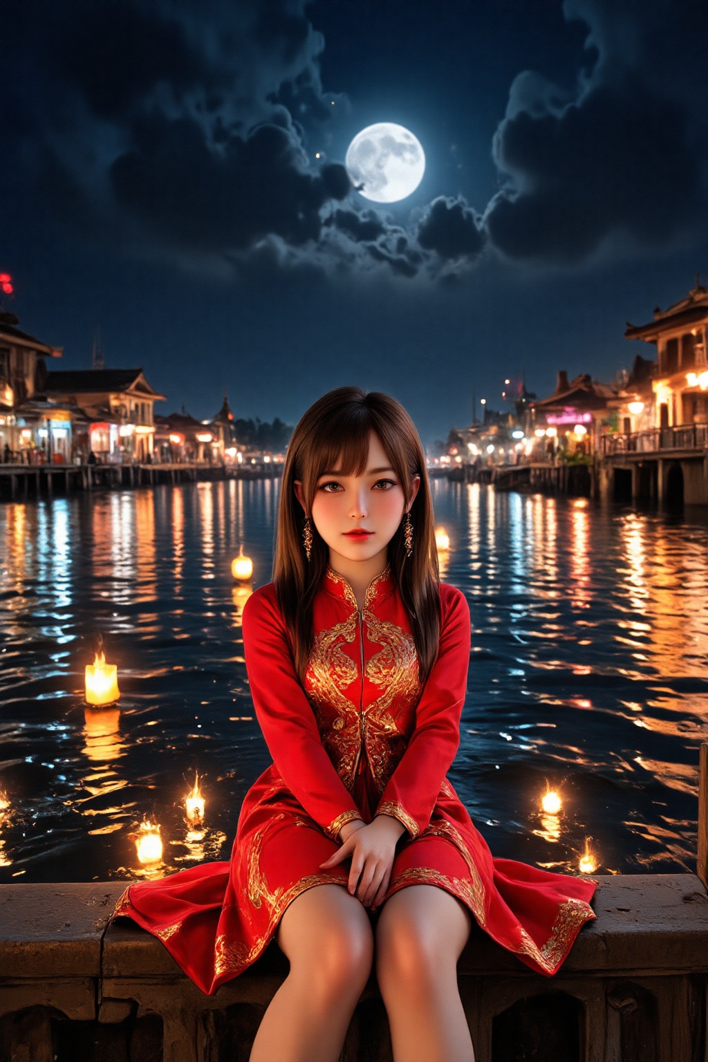 extreme zoom-out of Dòu Bàn Jiàng sitting on the river bank. Very clear river water flows calmly at the end of her feet,...