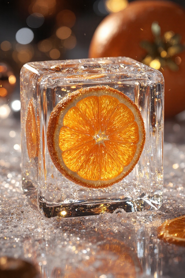 3D render,  realistic,  shining orange slice inside faceted ice cube on Tensor.Art