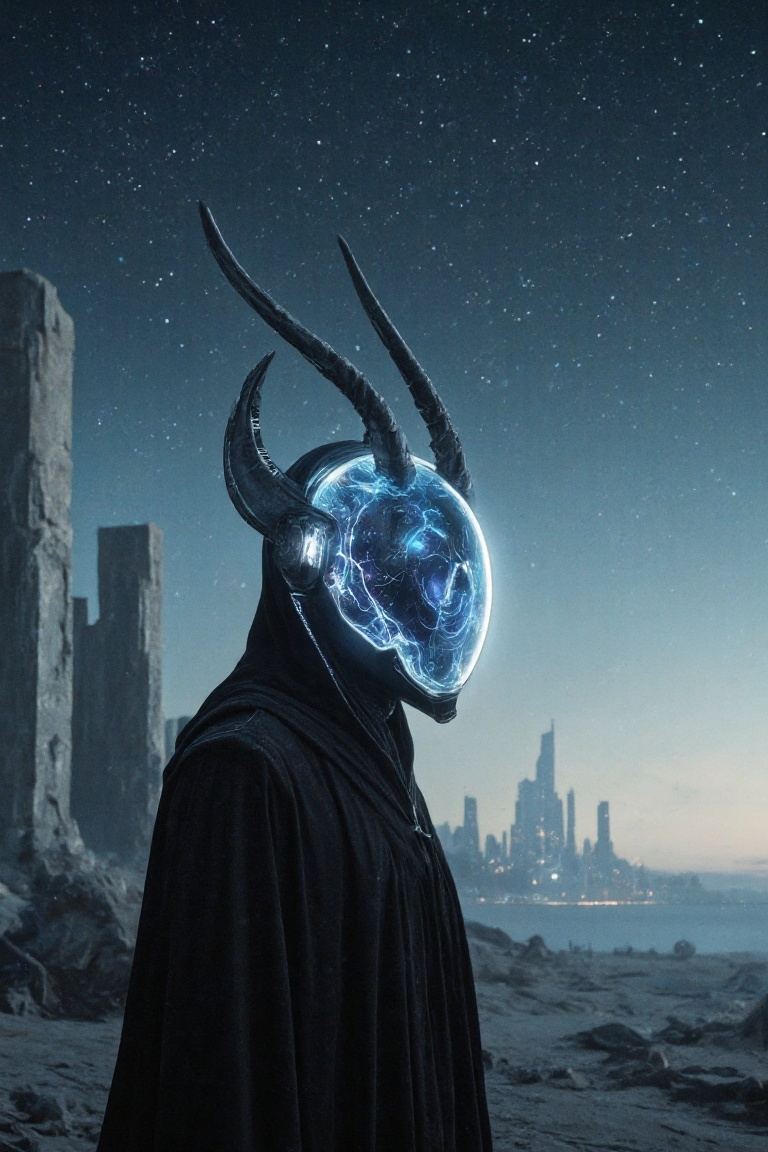 Cinematic,  futuristic scene featuring a close-up portrait of a mysterious figure wearing a dark,  flowing robe. The figur...