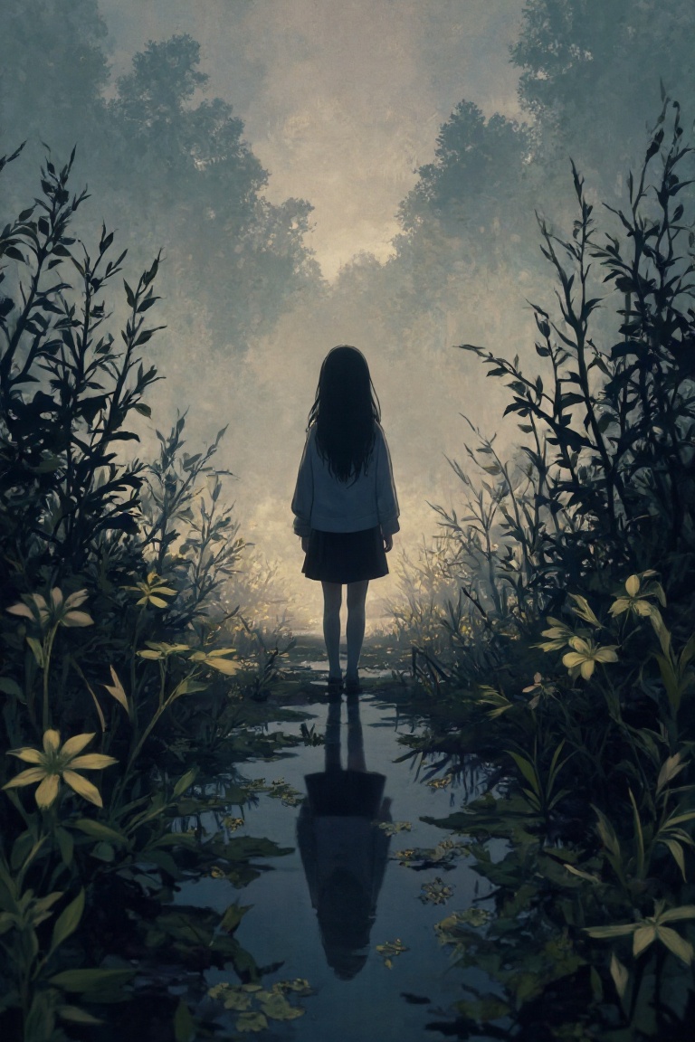 An atmospheric anime of a beautiful woman,  19 years old girl,  bold village in a marsh on Tensor.Art