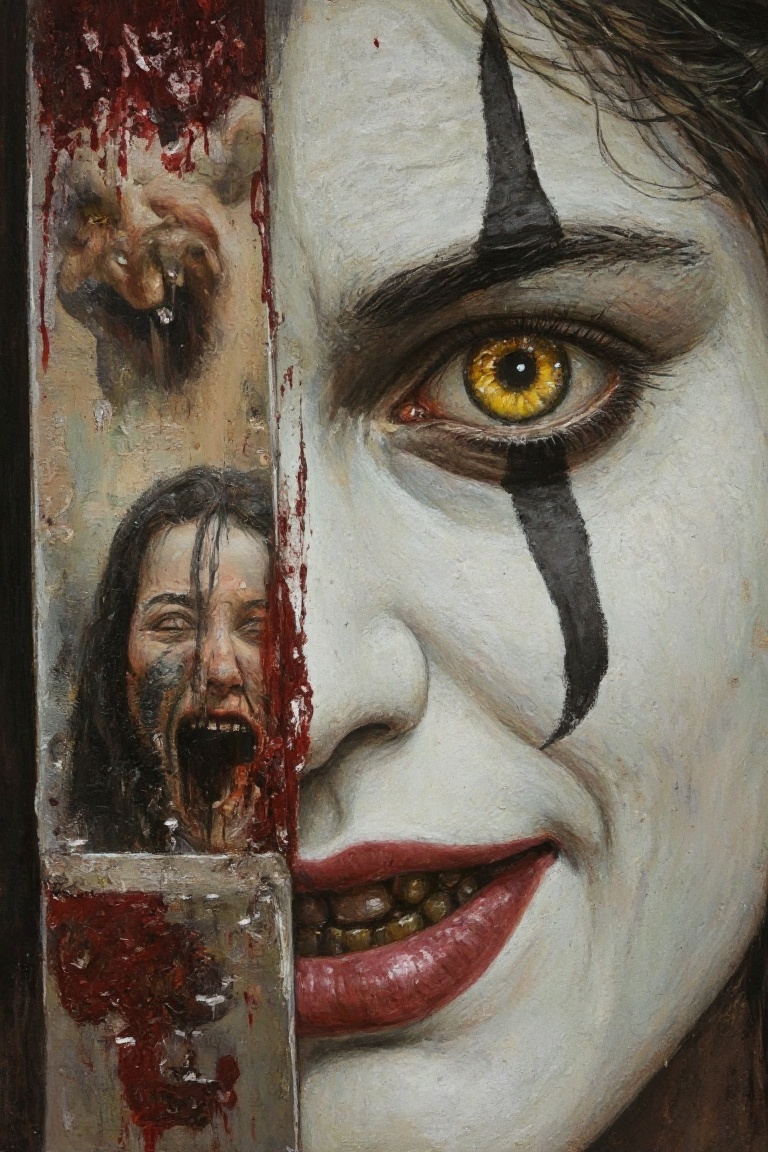 frank frazetta fantasy oil painting of closeup on face and mouth of A terrifying creepy 21 year old female clown character...