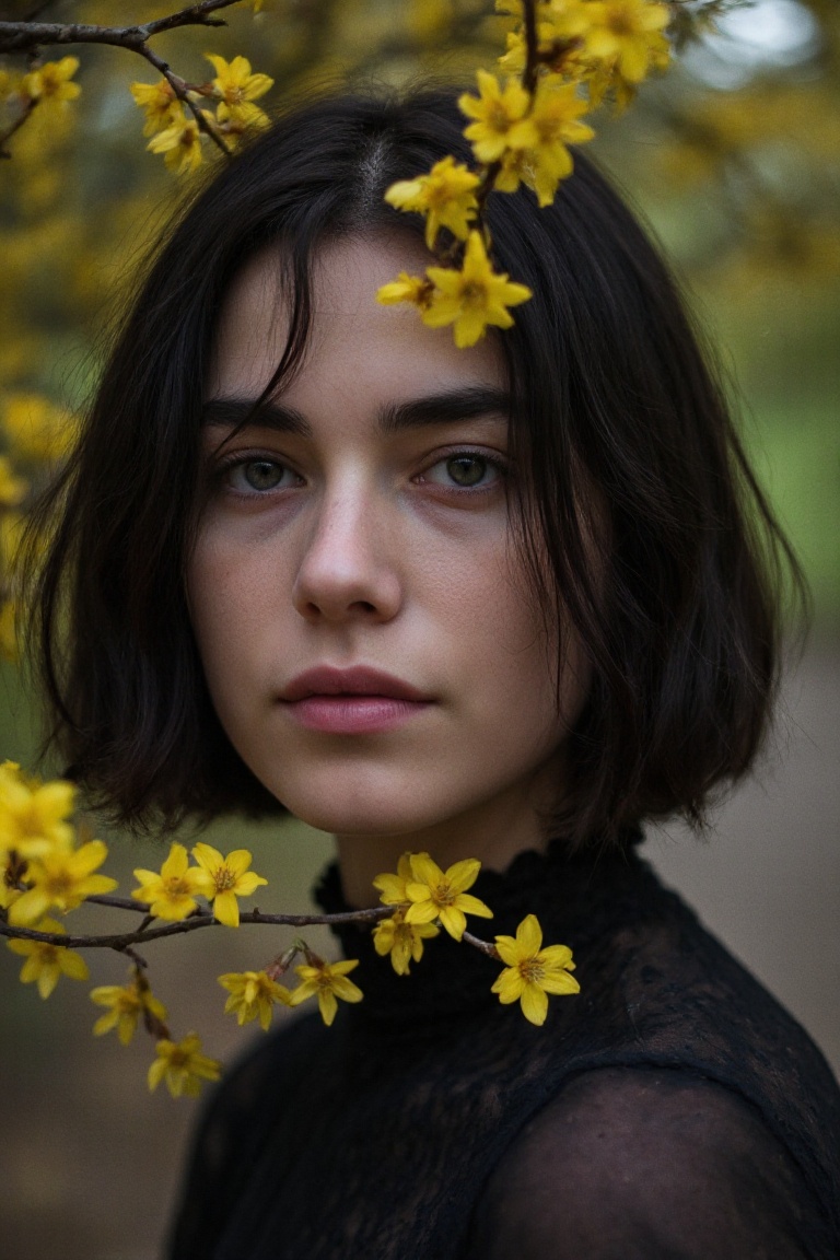 A highly realistic 8k,  HDR photograph captured with a 35mm lens,  featuring an intricate representation of spring embodie...