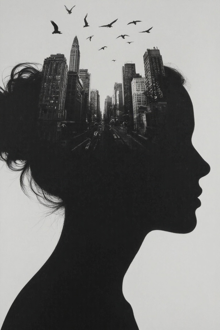 silhouette of a person's head,  within which there appears to be a cityscape with buildings. (birds FLY BETWEEN BUILDINGS,...