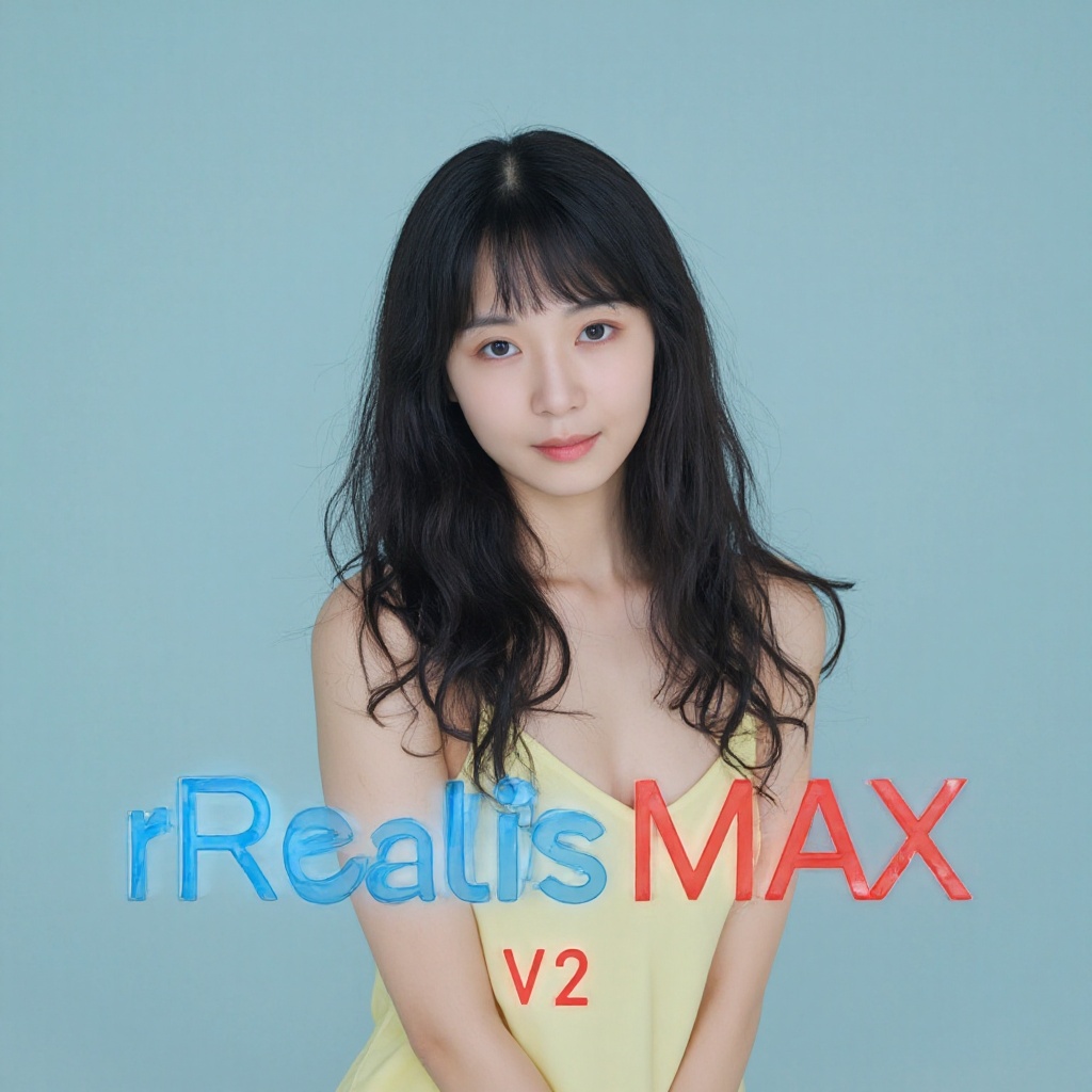 there is blue text "rRealisMAX" and "V2" in red,  in front of her as caption. A high-resolution photograph of japanese wom...