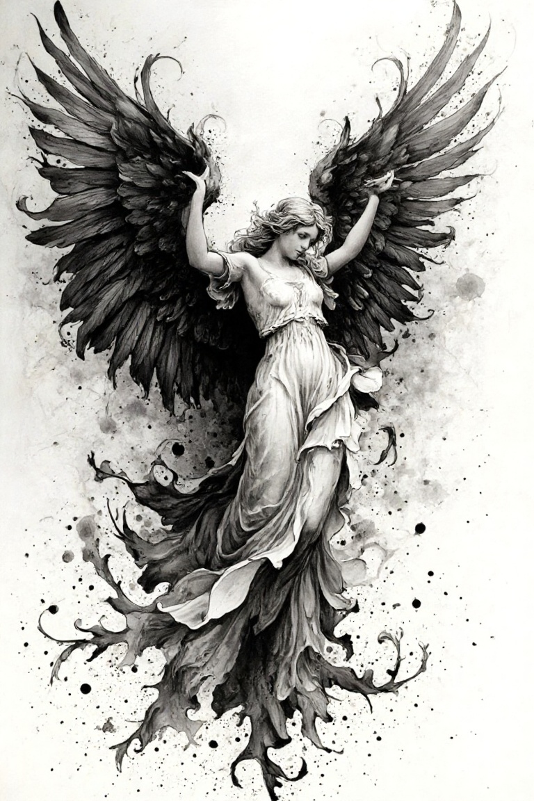 Create an intricate illustration of an angel with grand,  flowing wings in the style of traditional ink art. Use splattere...