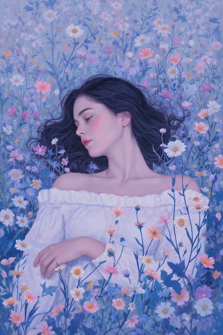 A young woman lies in a field of wildflowers,  creating a dreamy,  surreal atmosphere. The overall color is a mixture of s...