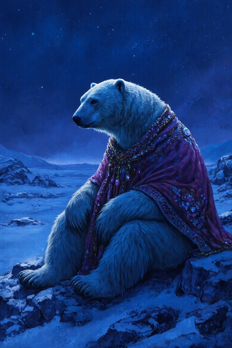 In this captivating realistic shot,  an anthropomorphic polar bear dressed in a richly textured,  jewel-toned shawl sits c...