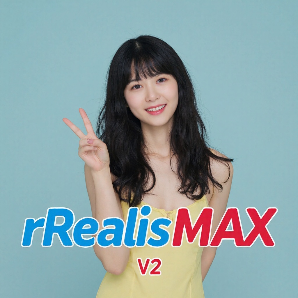 there is bold blue text "rRealisMAX" ,  "V2" in red,  in front of her as caption. A high-resolution photograph of happy ja...