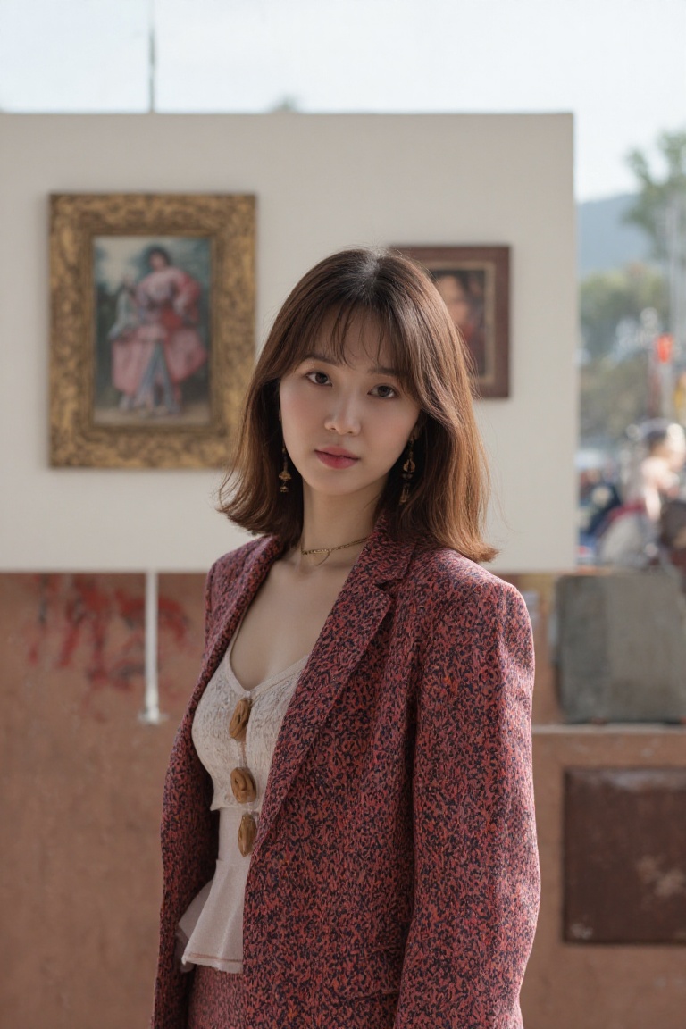 A photo of a 23-year-old Korean woman standing in front of a modern art installation during the day. She's dressed in a bo...