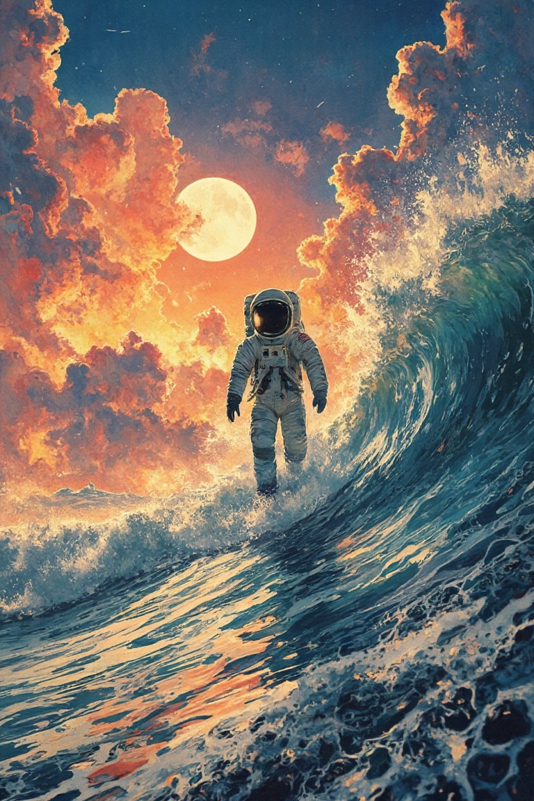 astronaut walking on sunshine,  vfx explosions in the background by john carpenter and michael bay,  parting the sea on Te...