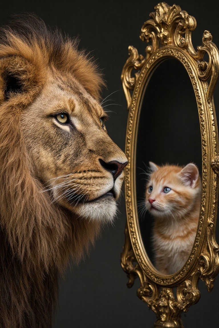A ferocious dangerous lion looks into a golden mirror,  and in the mirror shows a frightened little kitten with big eyes a...
