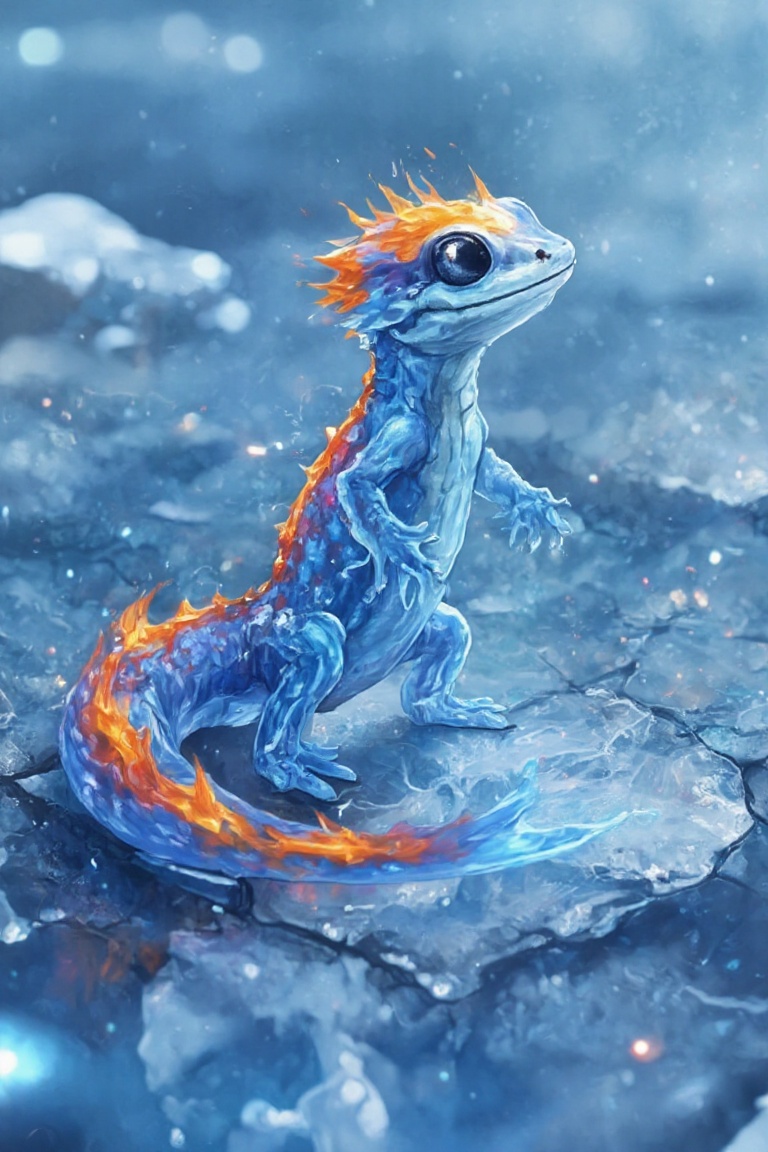 An adorable,  hyper-stylistic ice salamander stands on a sheet of cracked ice,  its body a mesmerizing fusion of frosty bl...