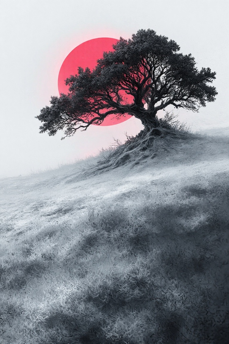 Abstract,  white fleecy hill,  sprawling black and white tree on Tensor.Art