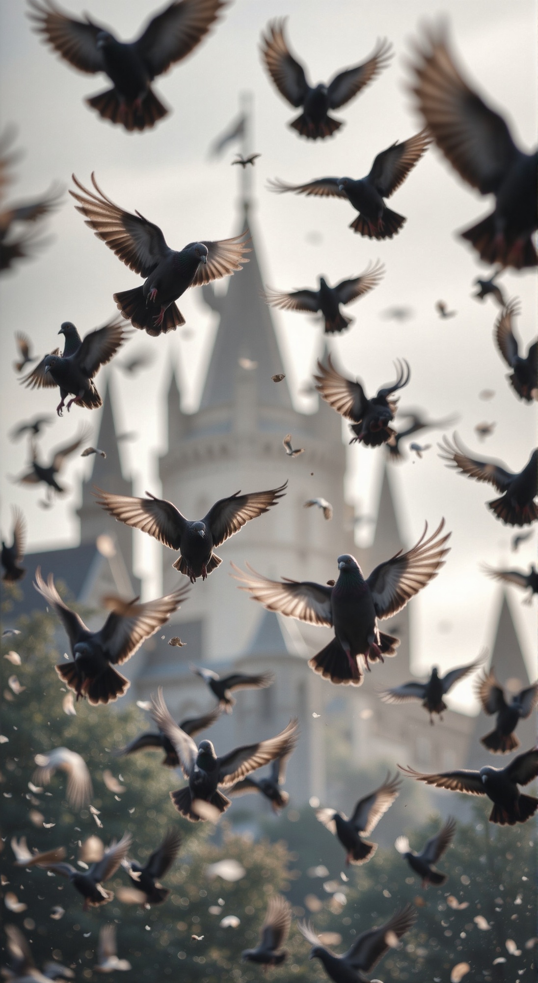 A majestic close-up shot of a flock of pigeons in mid-air,  their tiny wings beating fiercely as they swirl and dive aroun...