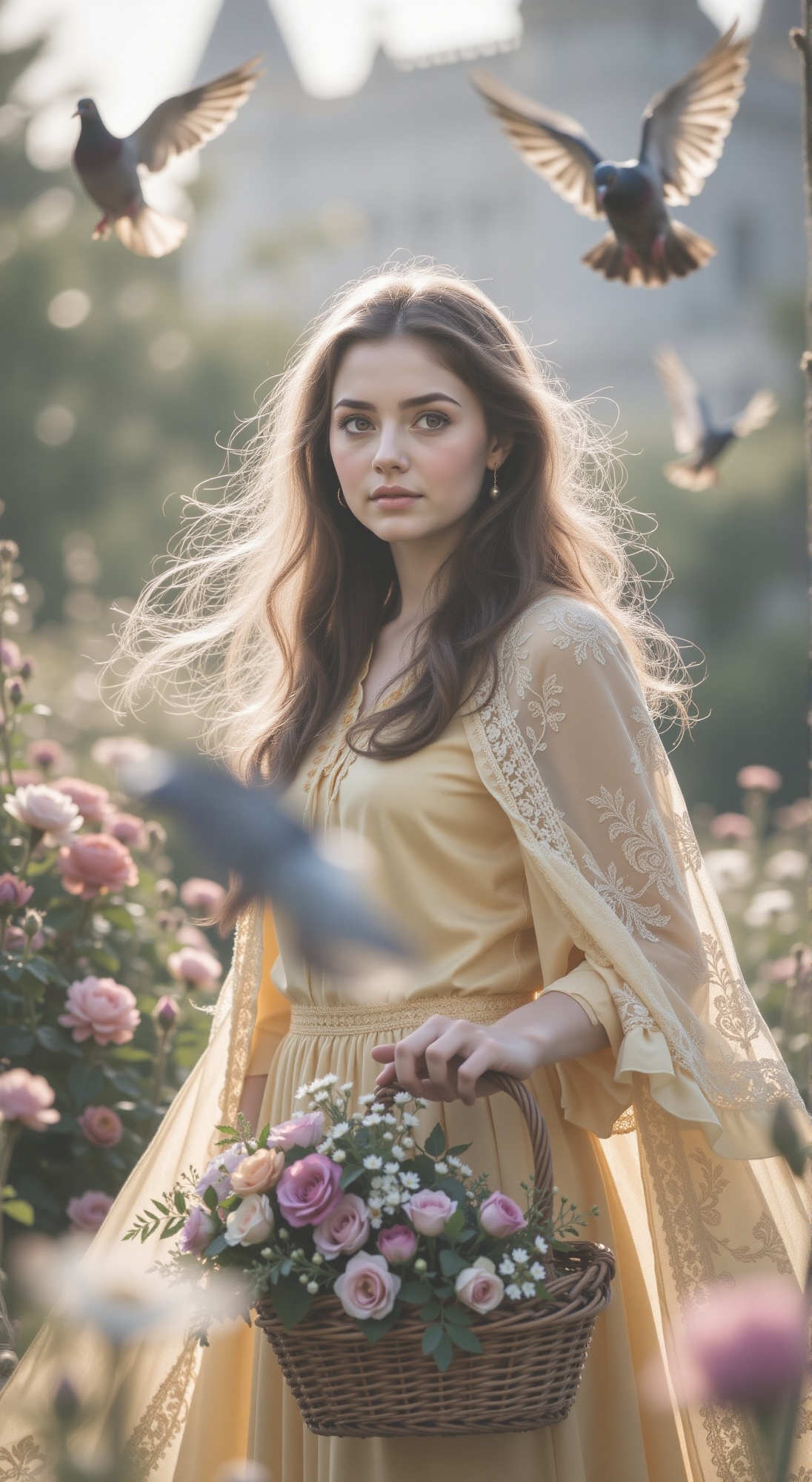 A serene close-up captures the refined features of an elegant young woman as she gazes directly at the viewer. Her flowing...