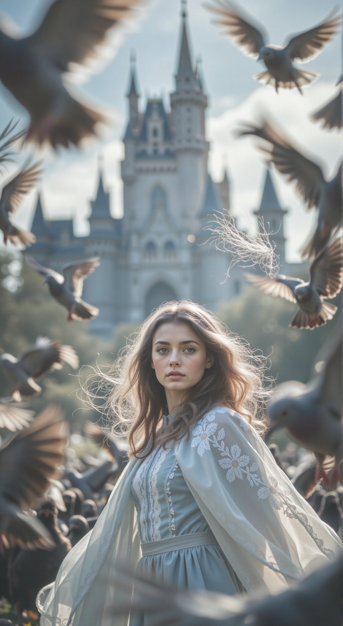 Capturing the whimsical moment,  a close-up shot frames a flock of pigeons in mid-flight,  their feathers a blur as they c...
