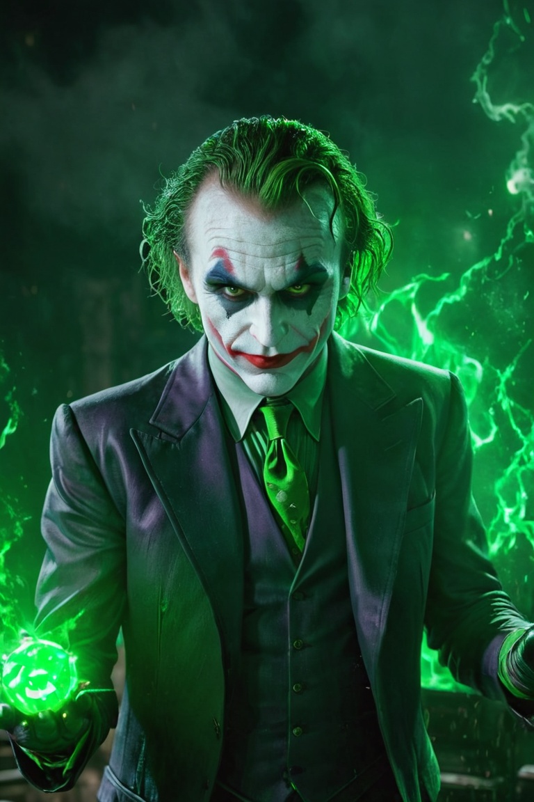 The Dark Joker with Green Evil Light eyes and lighting green thunder Dc ,  scary,  Classic Academia on Tensor.Art