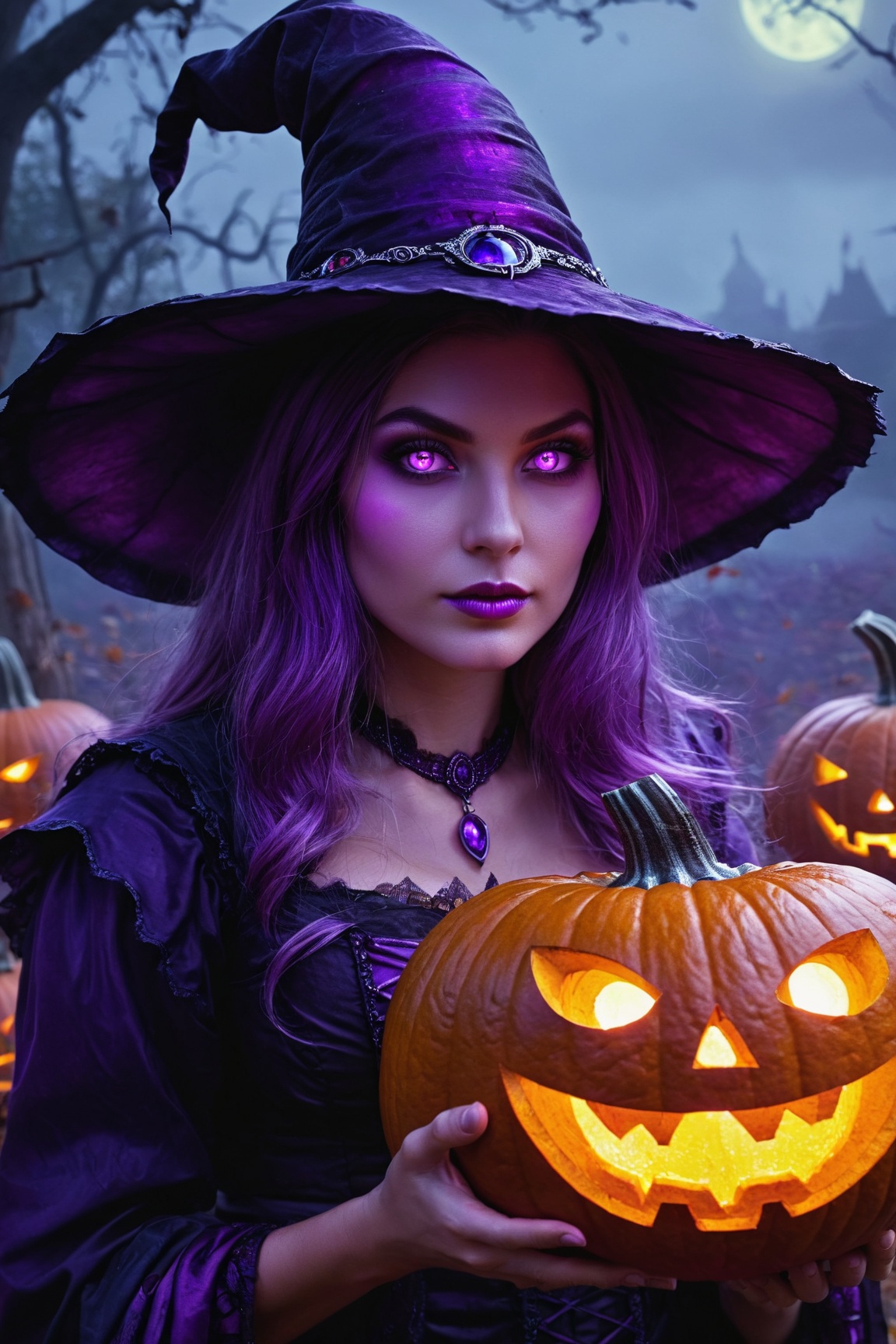a purple witch purple glowing eyes pumkin lanterns fantasy art highly detailed digital painting,  fantasy art beautiful ma...