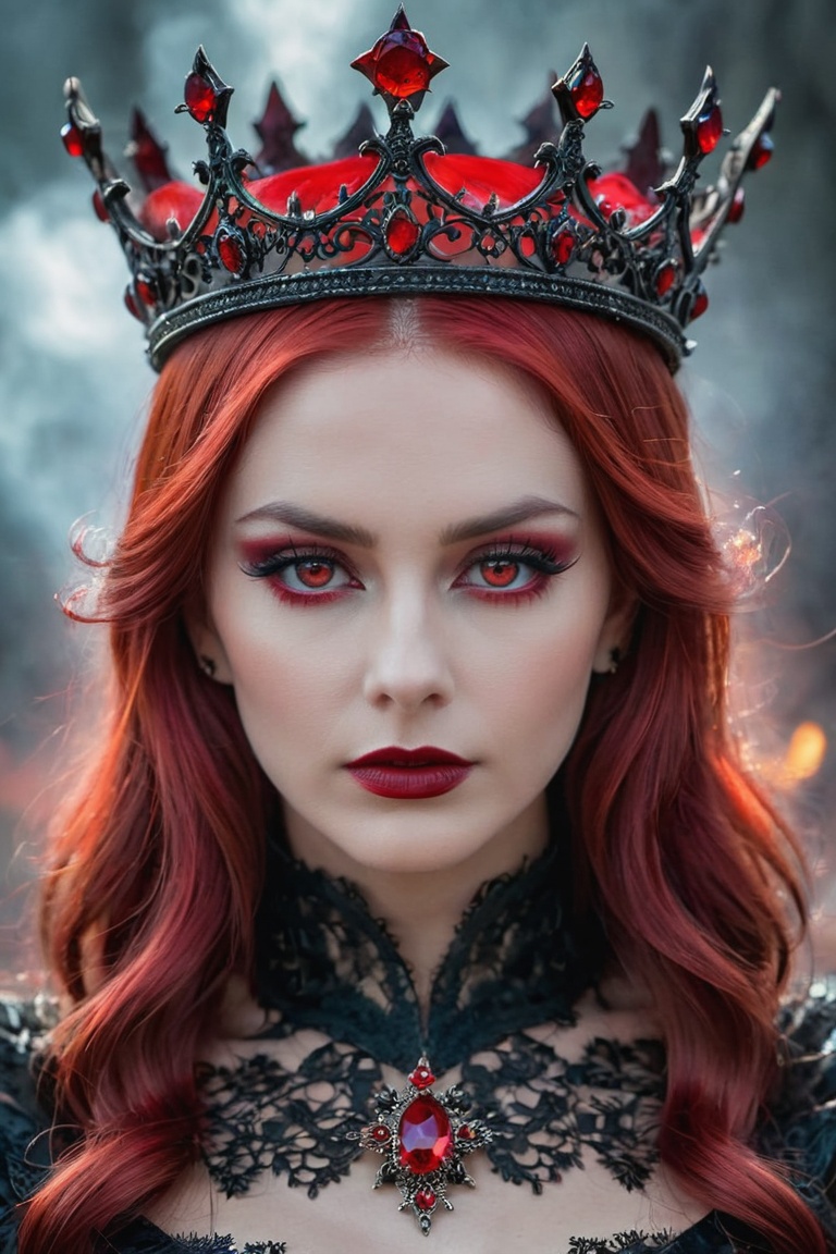 "Produce a spellbinding portrait of Lilith,  the Queen of Hell,  where her eyes burn with a captivating red hue on Tensor.Art