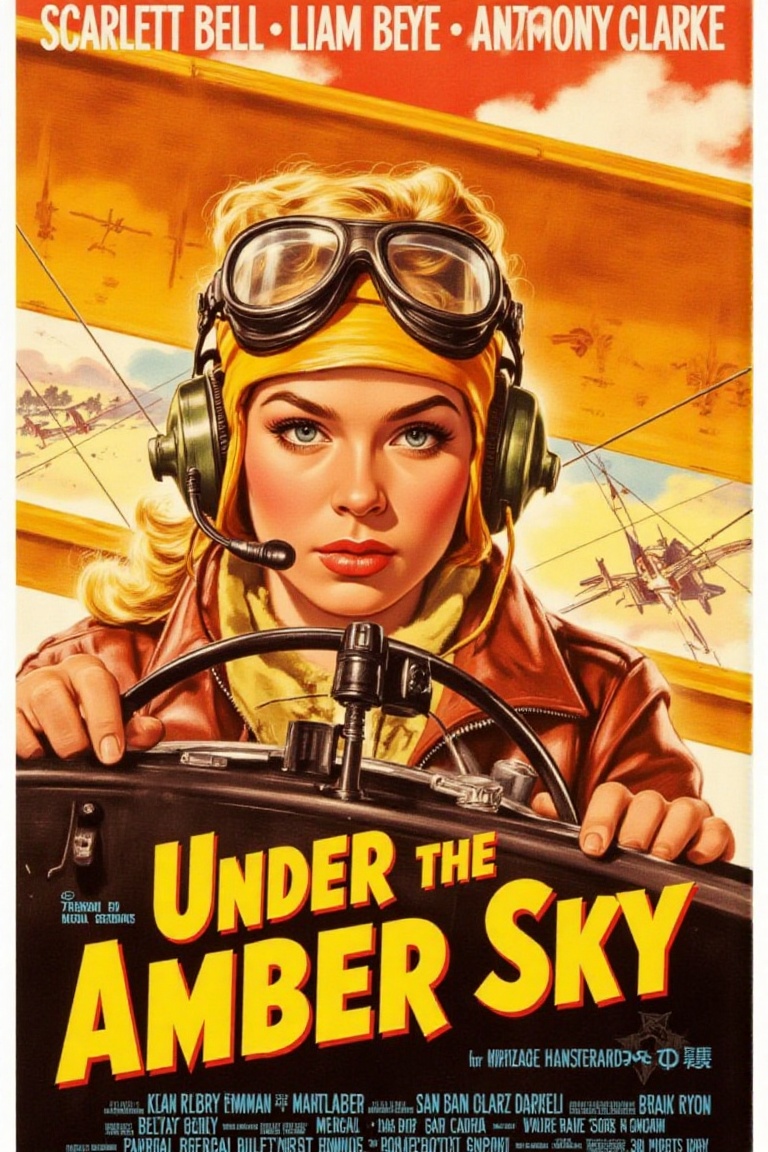 "Under the Amber Sky" starring Scarlett Bell,  Liam Rivers,  and Anthony Clarke. A vintage aviation poster with a bright y...