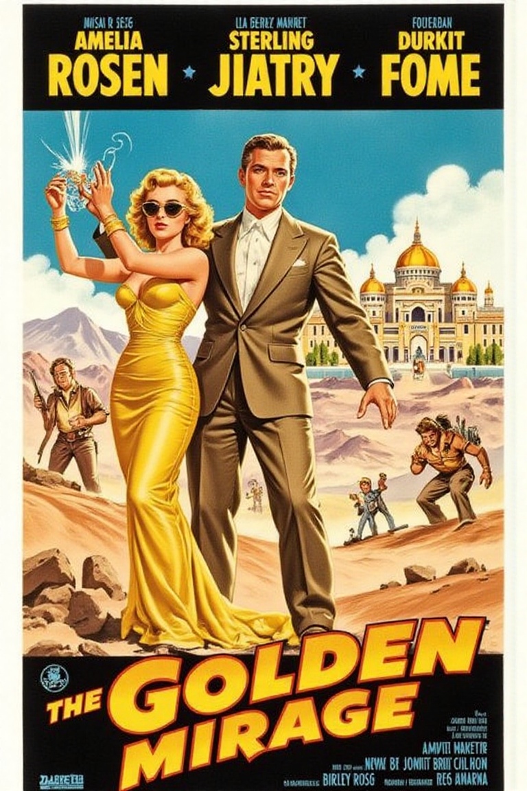 "The Golden Mirage" featuring Amelia Rose,  Henry Sterling,  and Claire Laurent. A retro desert scene with sand dunes and...