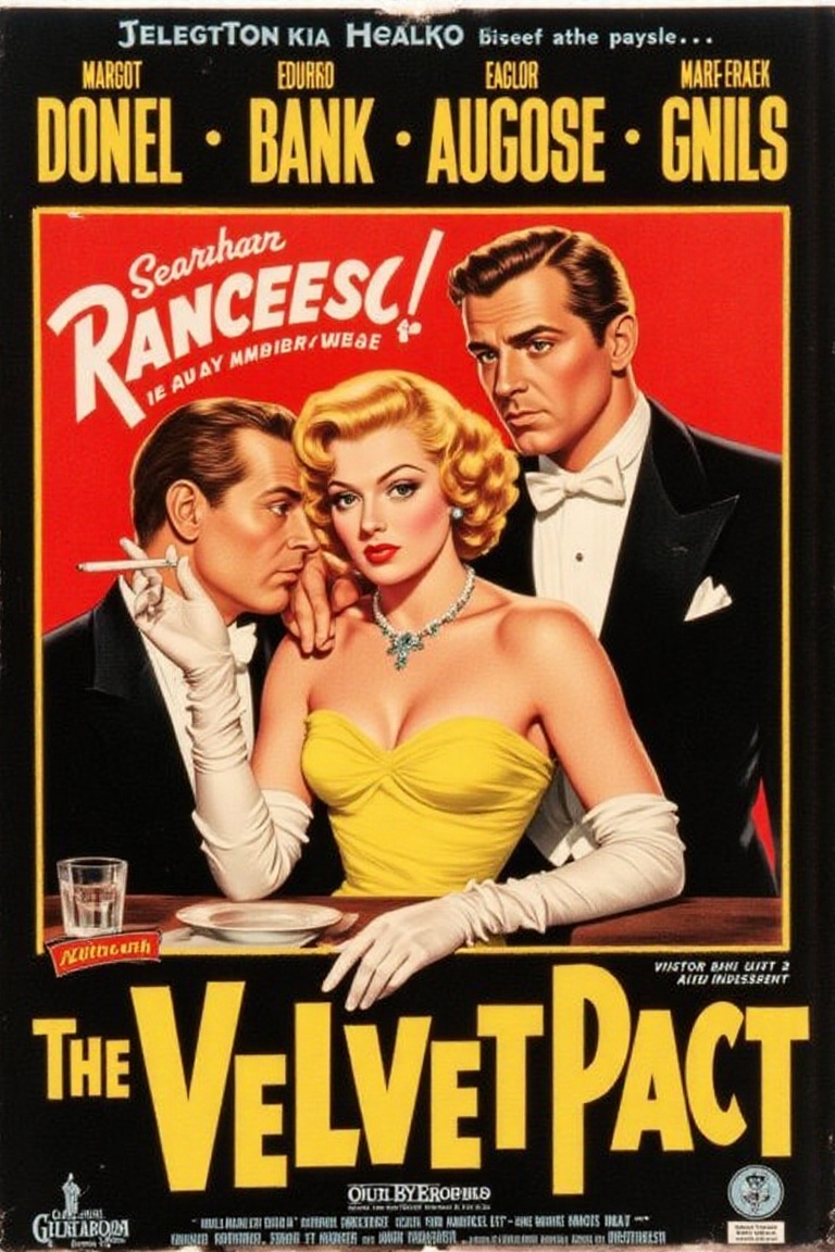 "The Velvet Pact" featuring Margot Sinclair,  Edward Black,  and Victor Hayes. A glamorous Art Deco-inspired poster. A soc...