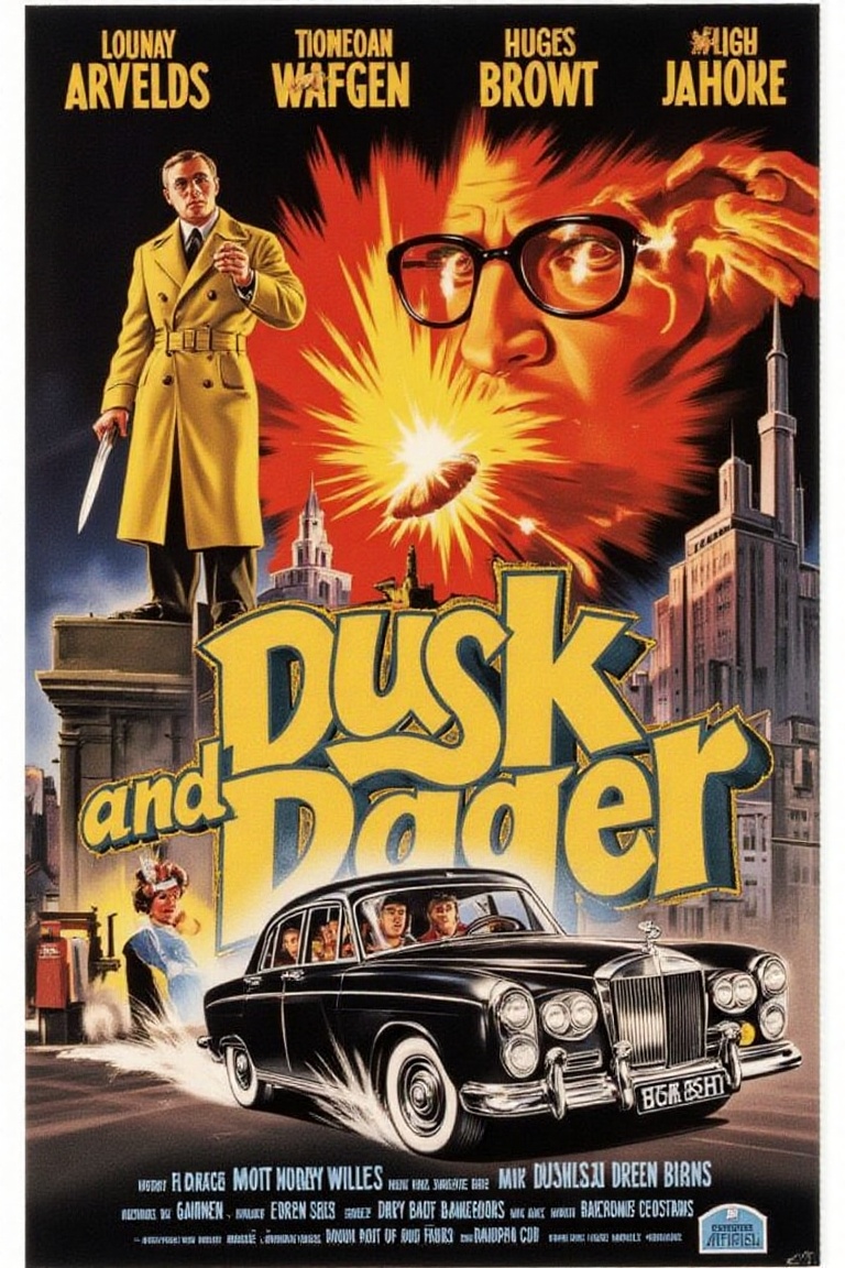 "Dusk and Dagger" starring Victoria Wells,  Nathan Cole,  and Hugo Blackthorne. A spy thriller poster with a figure in a y...