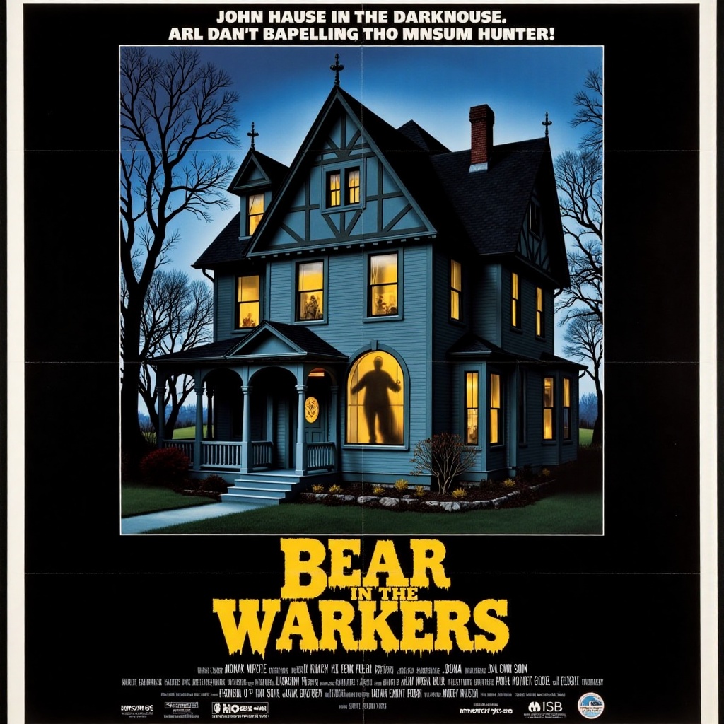 A classic horror movie poster featuring a haunted house with a looming,  shadowy figure at the window,  with a tagline tha...
