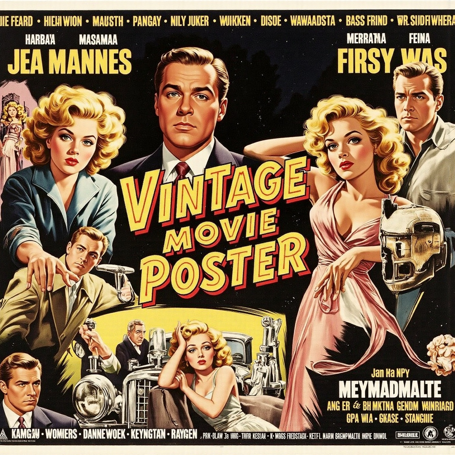 Design a vintage movie poster for a fictional film titled VINTAGE MOVIE POSTER. The poster should evoke the classic Hollyw...