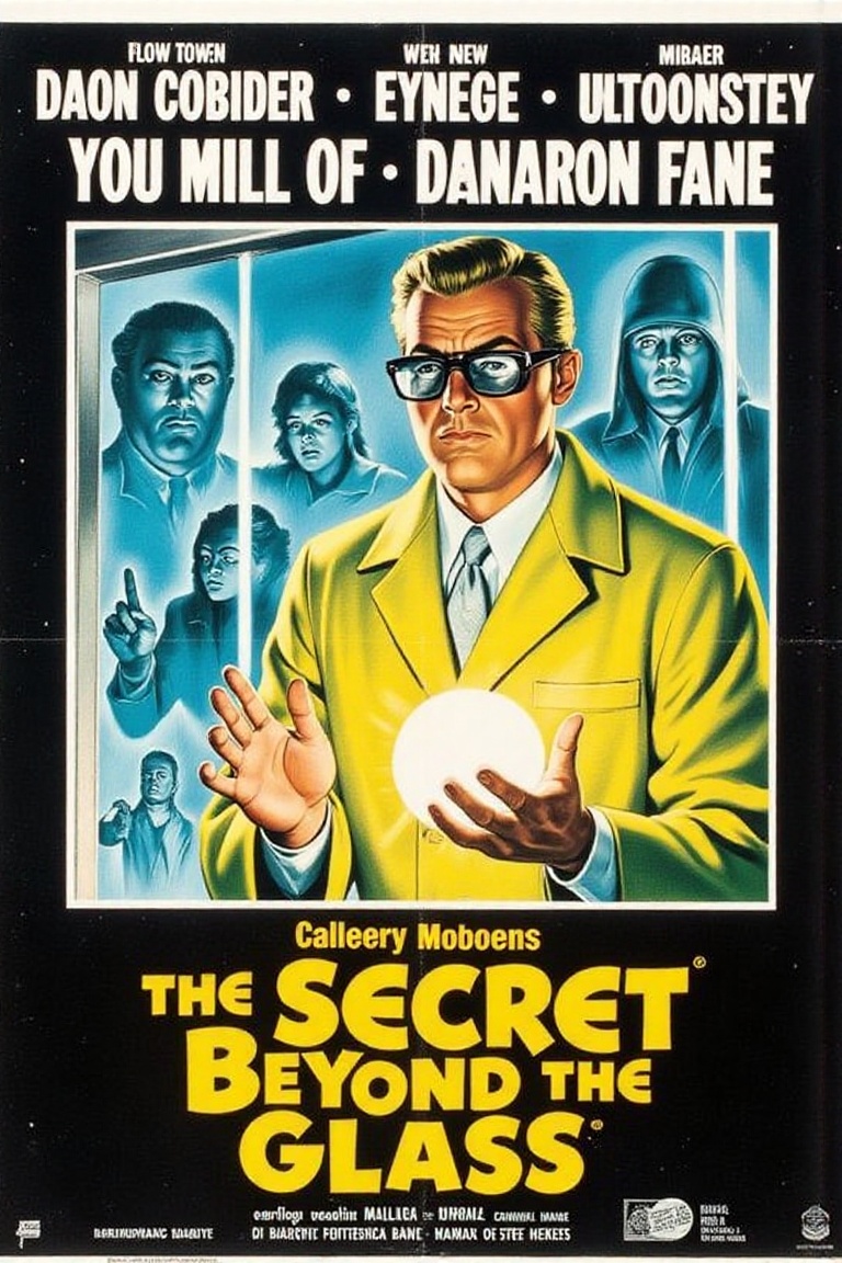 "The Secret Beyond the Glass" featuring Evelyn Clarke,  Charles Langley,  and Frederick Bane. A retro sci-fi poster showin...