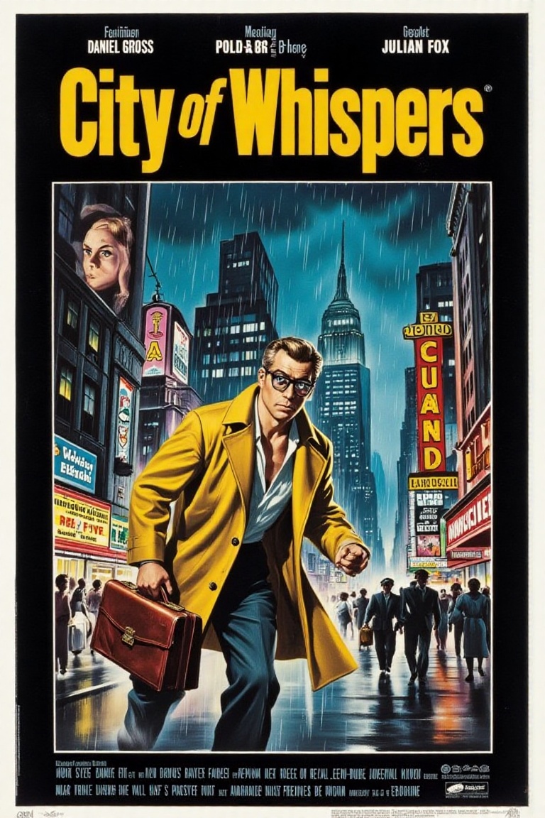 "City of Whispers" starring Daniel Cross,  Sophia Grace,  and Julian Fox. A dramatic poster of a rainy metropolis at night...