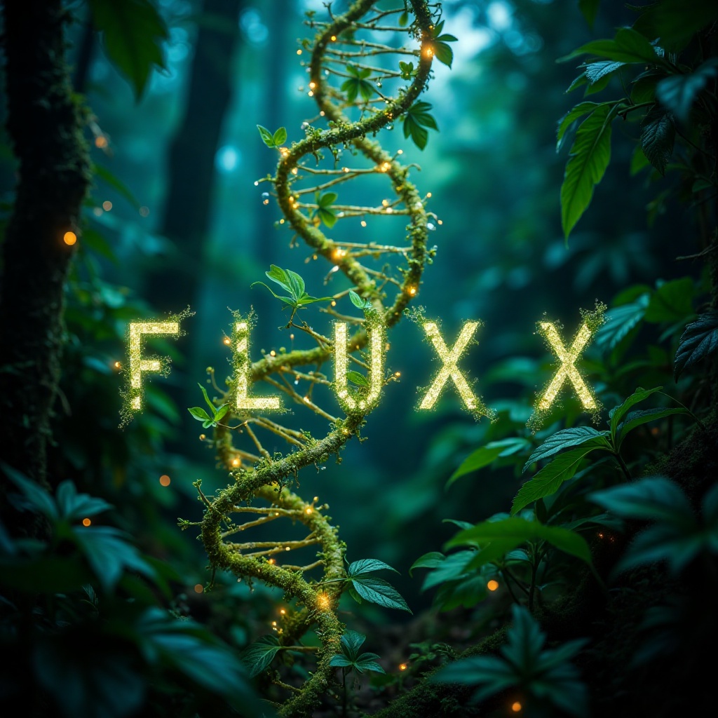 A DNA helix made of glowing green vines and bioluminescent leaves,  with dewdrops gently clinging to the strands. The bold...