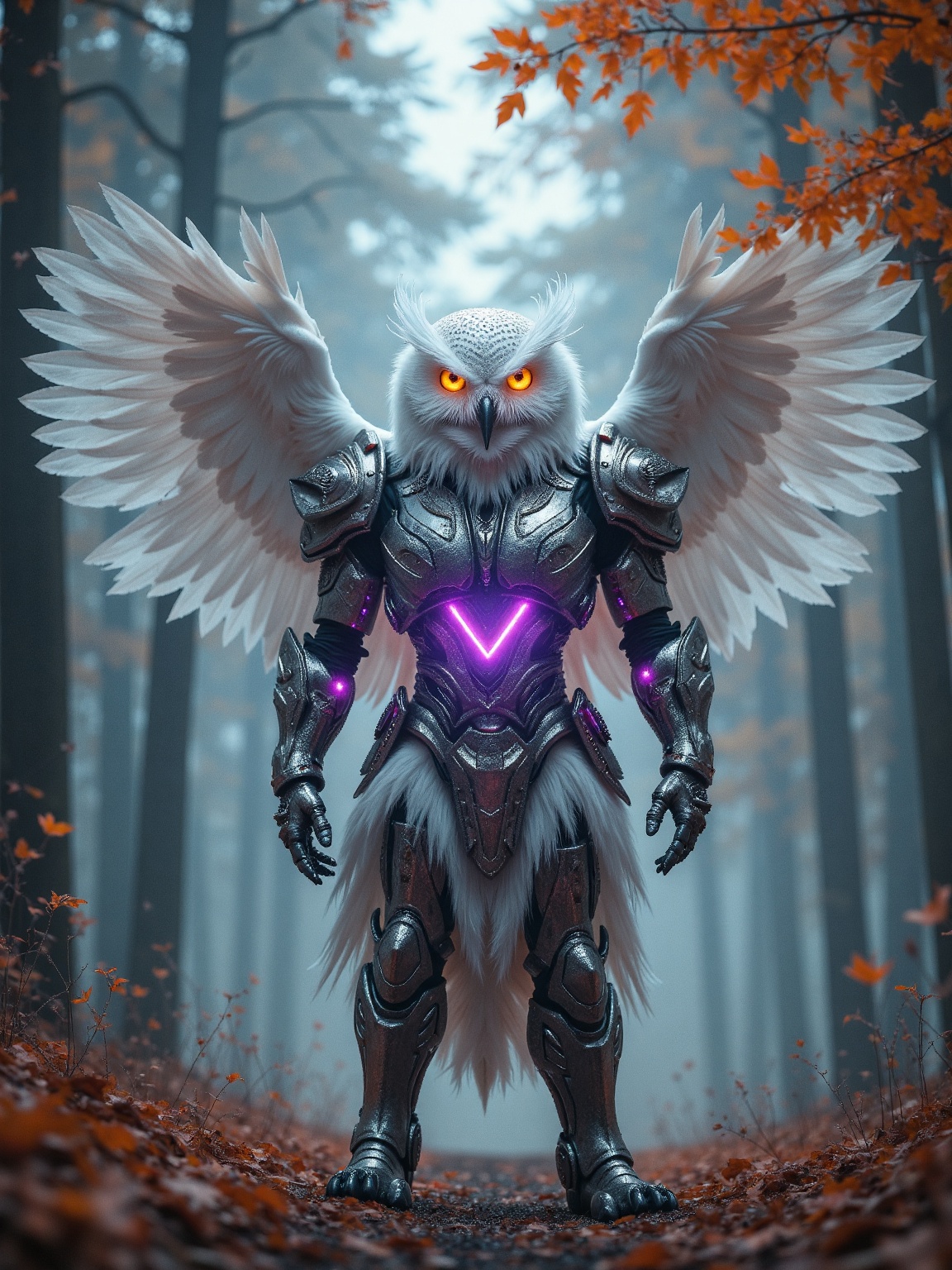 A majestic humanoid owl warrior stands confidently in the center of an enchanted forest,  bathed in diffused light. The cr...