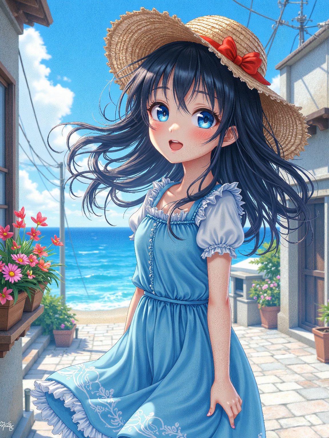 An anime girl in a blue dress and straw hat,  with long black hair and flowing curly bangs,  in the style of anime on Tens...